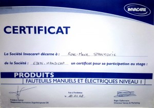 Certificat Fauteuils roulants manuels et électrique niveau 1 Invacare